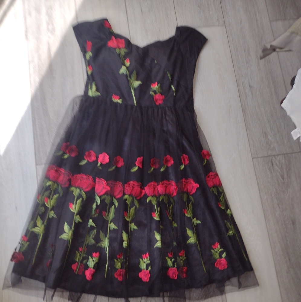 Black dress with embroidered roses